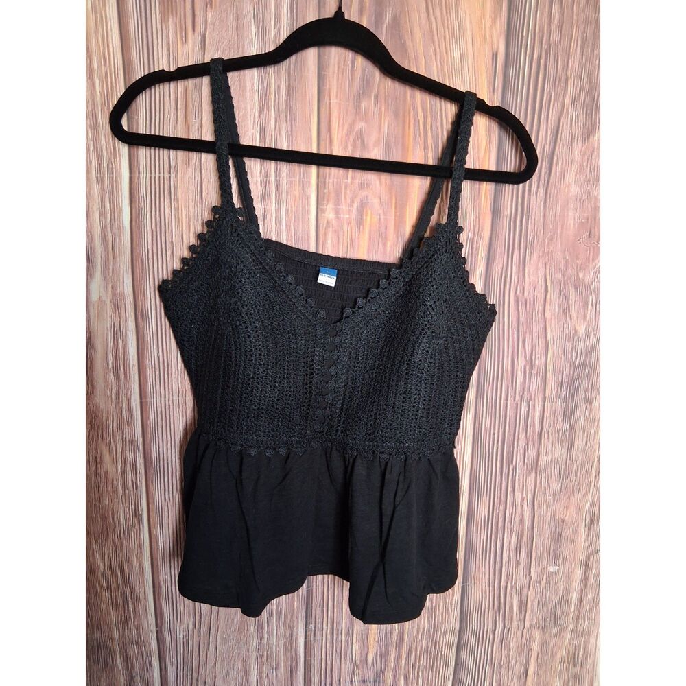 Old Navy Black Crochet Lace Trim Cami Tank Top Smocked Back Boho Peplum medium